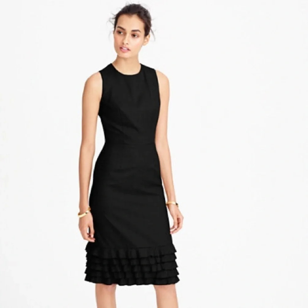 J. Crew Black 100% Wool Sleeveless Ruffle Hem Sheath Dress. Size 2